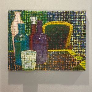 I drink alone 3-D painting multicolored 24x 18.5” handcrafted wine bottles